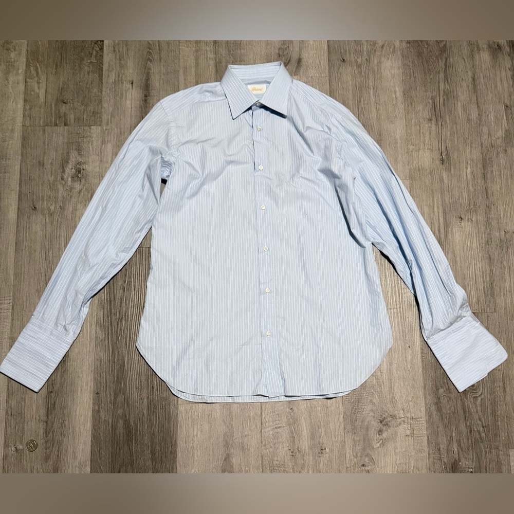 Brioni Light Blue and White Striped Casual Button-Down Shirt